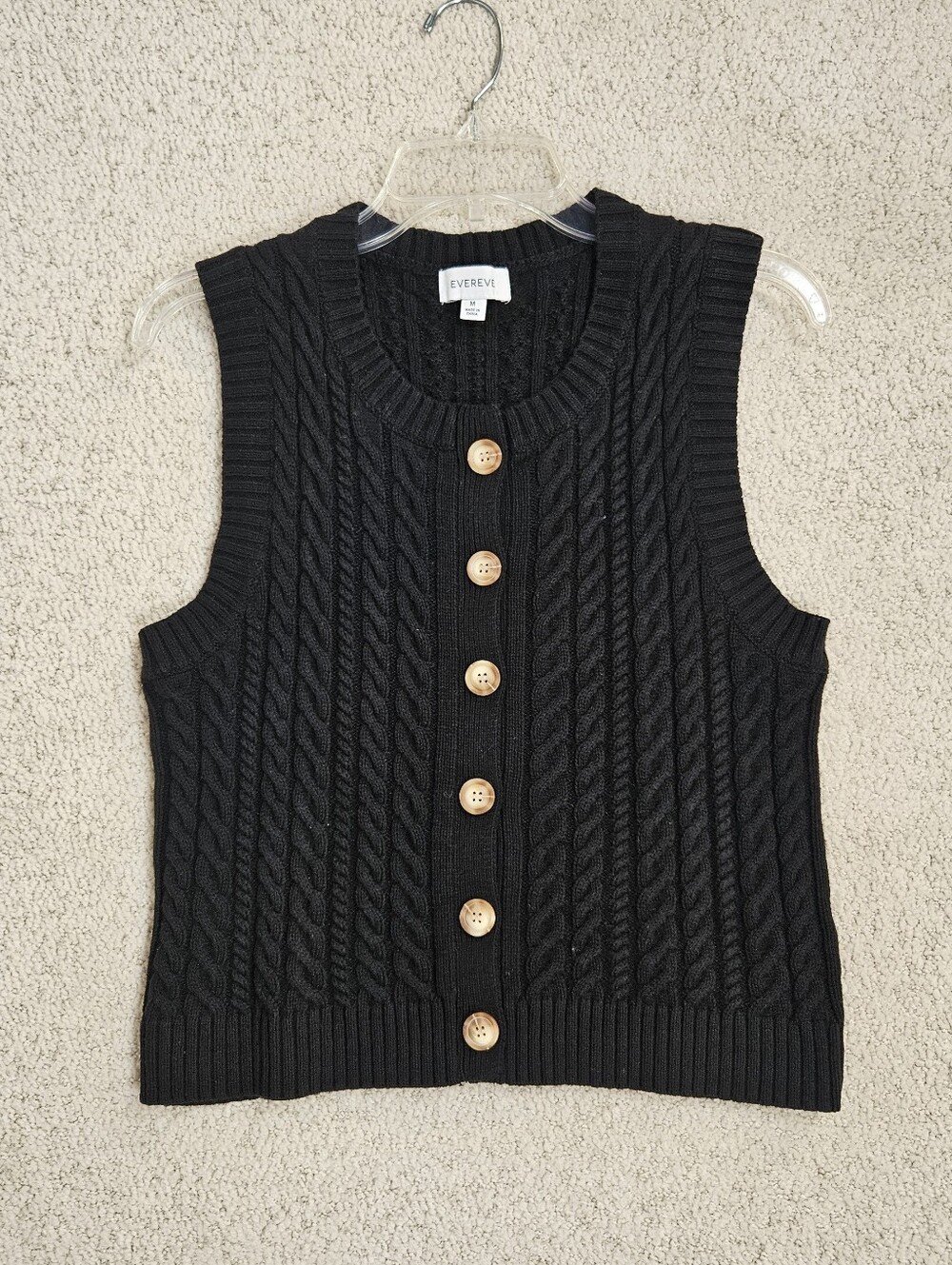 Evereve Sweater Vest Cable Knit Black Button Up Womens Medium Capsule Layer